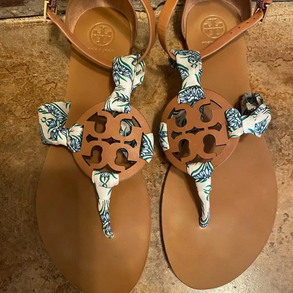 Tory burch leather logo blue Meridian floral fabric miller scarf ankle‎ sandals
